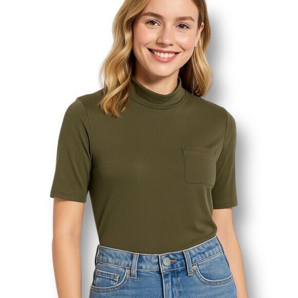 Articles of Society L Military Green Cowl Neck Short Sleeve Front Pocket Top NWT - Picture 1 of 6